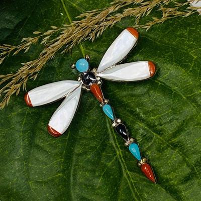 Sterling & Turquoise, Onyx & Coral Brooch