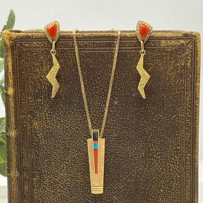  14k Gold Native American Earring & Necklace Set w/ Coral, Onyx, & Turquoise Gemstone
