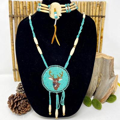 Native American Beaded Medallion Necklace And Choker 2pc Set