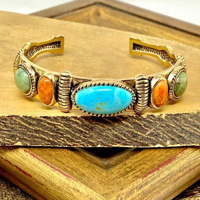 Hand Crafted Bronze BARSE Cuff Bracelet w/ Turquoise, Coral & Malachite Gemstone's 