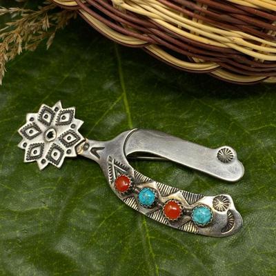 Sterling & Turquoise & Coral Brooch