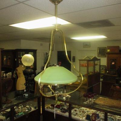 Art Nouveau Brass Hanging Fixture with Vaseline Glass Shade
