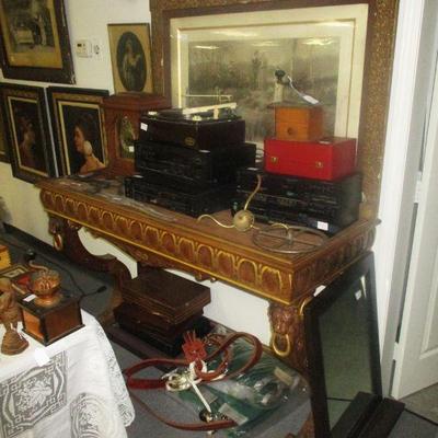 Carved French Console w/ Lionsheads, Stereo Equipment, Engraving w/ Aesthetic Frame