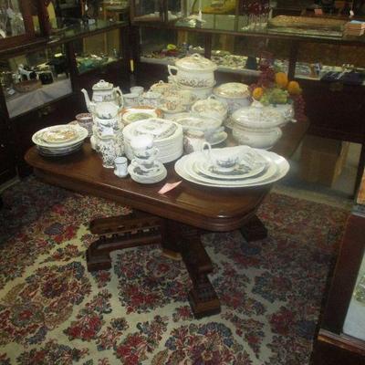 Gothic Victorian Walnut Dining Table and Brown Transfer ware China