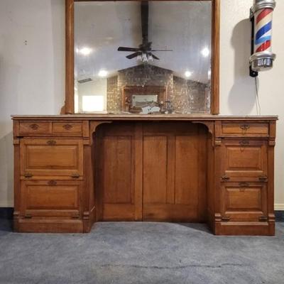 Antique Oak, Marble Top Barber Cabinet w/ Mirror