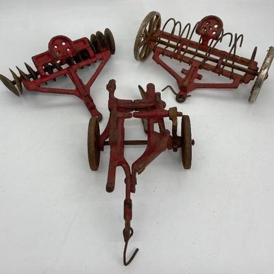 3 Vintage Die Cast Toy Farm Implements - Arcade Hay Rake, Disc Rake and Plow