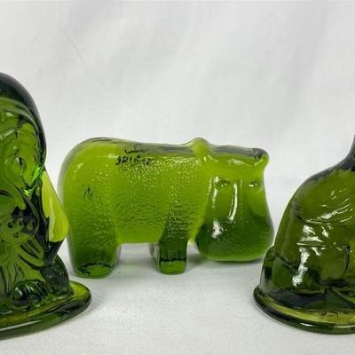 3 Vintage Viking Green Glass Figurines- Cat, Dog and Hippo