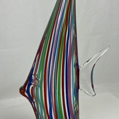 Tall Art Glass Fish Figurine with Multi-Colored Pinstripes