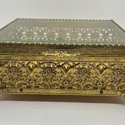 Vintage Gold Gilded Brass Filigree Jewelry/ Trinket Box with Beveled Glass Lid
