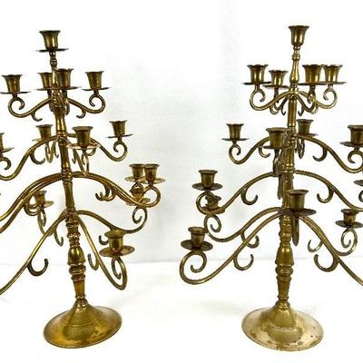 Two Vintage Grand Brass Candelabras - Hold 17 Candles Each