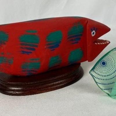 Rafael Morla Carved Wood Fish & Lovely Art Glass Fish - Brazil