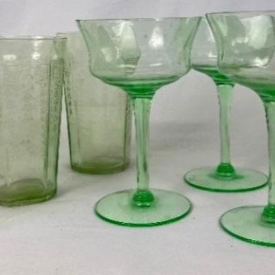 Green Depression Glass Tumblers and Champagne Flutes