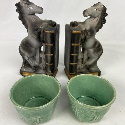 Rare Vintage Japanese Ceramic Horse Mid-Century Bookends and Two Tea Cups