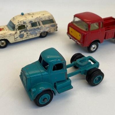 3 Vintage Die Cast Vehicles - 1950's Winross Truck, 1965 Corgi Jeep, 1968 Matchbox Mercedes Ambulance