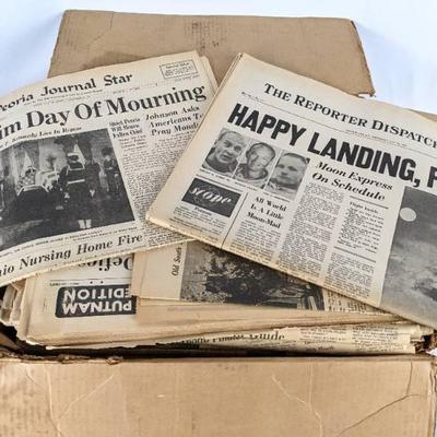 Box of Newspapers with JFK / Kennedy and Moon Landing Themes - Assassination and Apollo 11