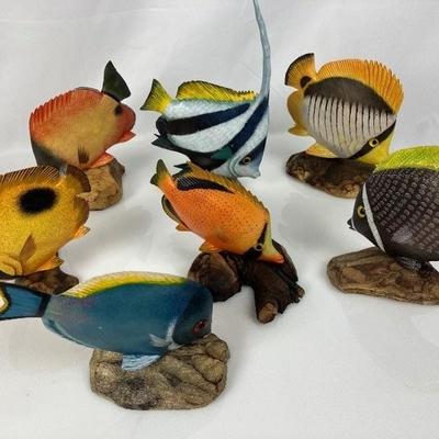 7 Hand Carved Tropical Fish on Wood Bases