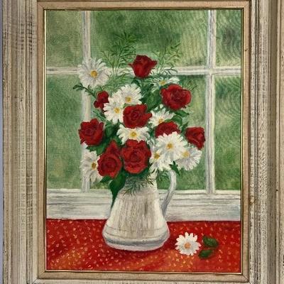 Vintage Framed Painting of Vase of Flowers