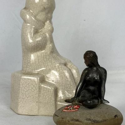 Bronze Danish Little Mermaid Sitting on Stone and Vintage Child Figurine