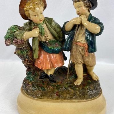 Vintage Borghese Chalkware Figurine of Two Children in Hats - Italy