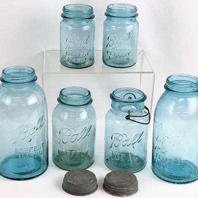 Six Vintage Canning Jars with Two Zinc Lids