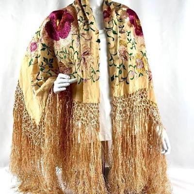 Stunning Antique Victorian Silk Embroidered Wrap with Fringe!