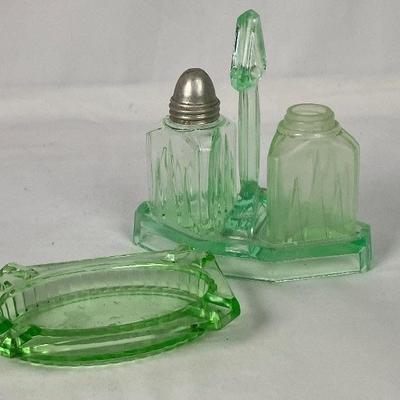 Green Derpression Glass Salt & Pepper with Caddy and Small Ashtray