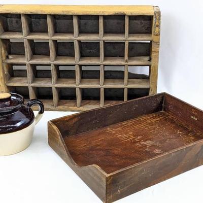 Vintage Coke Bottle Crate, Wood Globe-Wernieke Desk Tray, Stoneware Bean Crock
