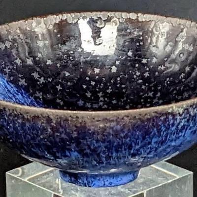 GERTRUD AND OTTO NATZLER Crystalline Blue Glaze Pottery Bowl with Label