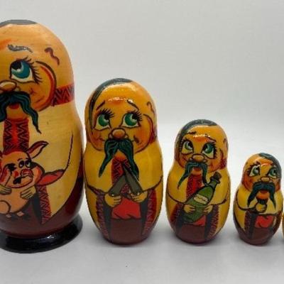 Vintage Russian Nesting Doll (Matryoshka) - Funny Character with Pig, Carving Knives, and Vodka Bottle - Made in Russia