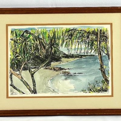 Ales Sedlacek: Lumahai Beach, Kauai - Original Signed Ink and Watercolor on Paper, Framed. 1983.