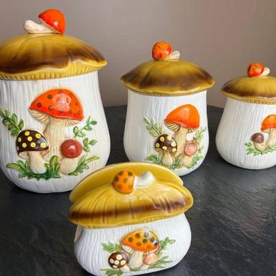 Sears Roebuck 1970s Mushroom Cannister & Napkin Holder Set