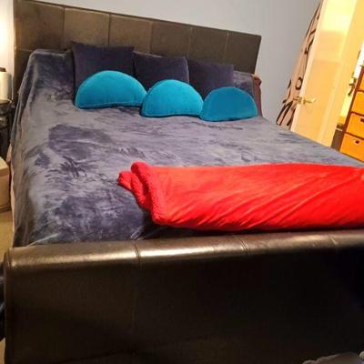 Black Cal King Leather Panel Bed frame and mattress. Great condition. $700 for set