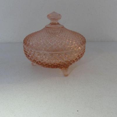 Vintage MCM Westmoreland Glass Diamond Point Pink Footed Candy Dish with Lid