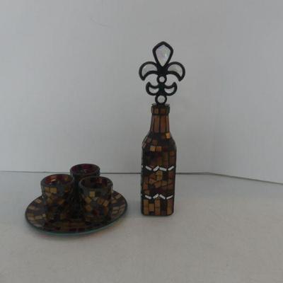 Mosaic Glass Cocktail Set - includes Decanter with Fleur de Lis Stopper, 3 Cups & Tray/Hors d'Oeuvres Plate
