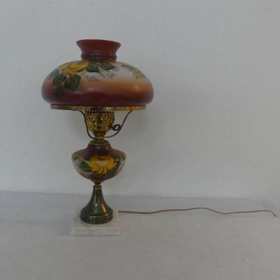 Vintage (Probably Antique) Hand Painted Glass Table Lamp with Brass/Marble Base