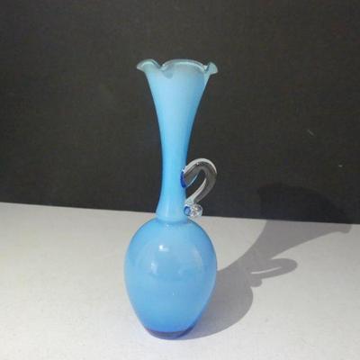 Vintage Fenton Blue Glass White Cased Ruffle Rim Vase with Applied Clear Handle