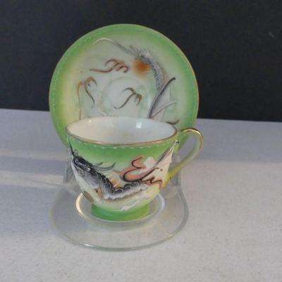 Vintage Fairyland China from Japan Moriage Green Dragon Demitasse Cup & Saucer Set