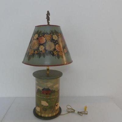 Hand Painted Wooden Lamp with Metal Shade - Tested, It Works