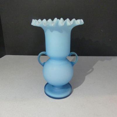Vintage Fenton Blue Cased Satin Glass Urn with Applied Handles