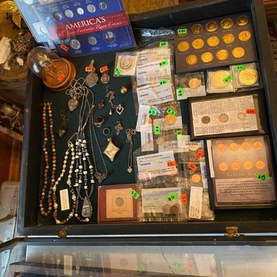 Collectible coins, costume jewelry