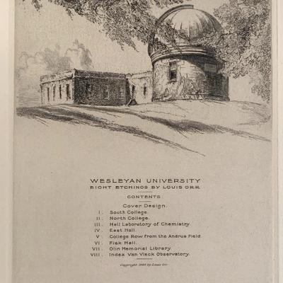 The following are 7 of the 8 original etchings of Wesleyan Univ. by Conn. artist Louis Orr. 