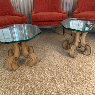 Pr. glass-top occasional tables with wooden bases, small chip to one top. 