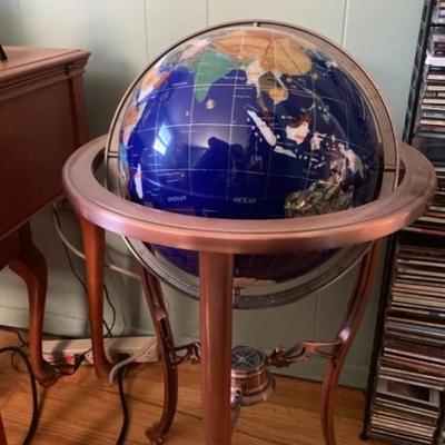 Blue lapis gemstone world globe with tripod floor stand