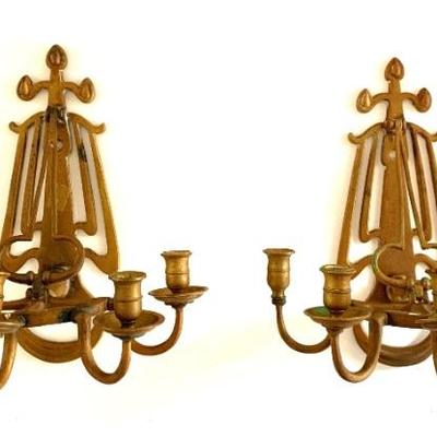 Pr. of brass Arts and Crafts candle wall sconces.