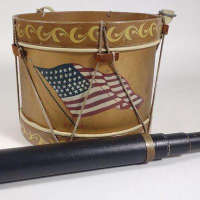 Vintage Painted Childs Marching Drum & Telescope