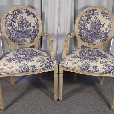 Pair of French Style Blue White Toile Arm Chairs