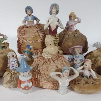 14 Porcelain Half Doll Pin Cushions & Whisk Broom
