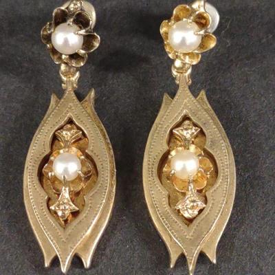Antique 14K Gold & Pearl Drop Earrings