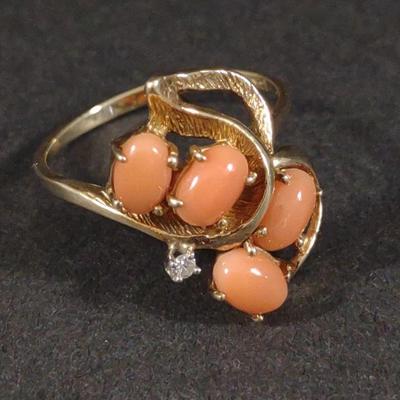 14K Gold Angel Skin Coral Ring w/ Diamond