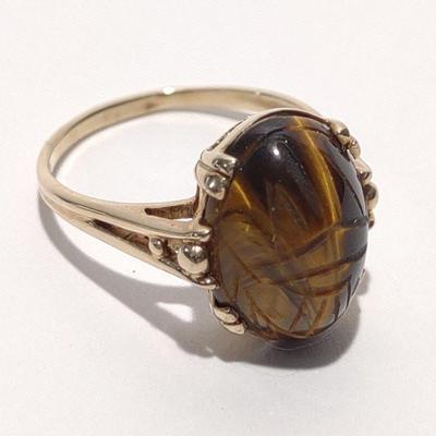 10K Gold Carved Tiger Eye Ring